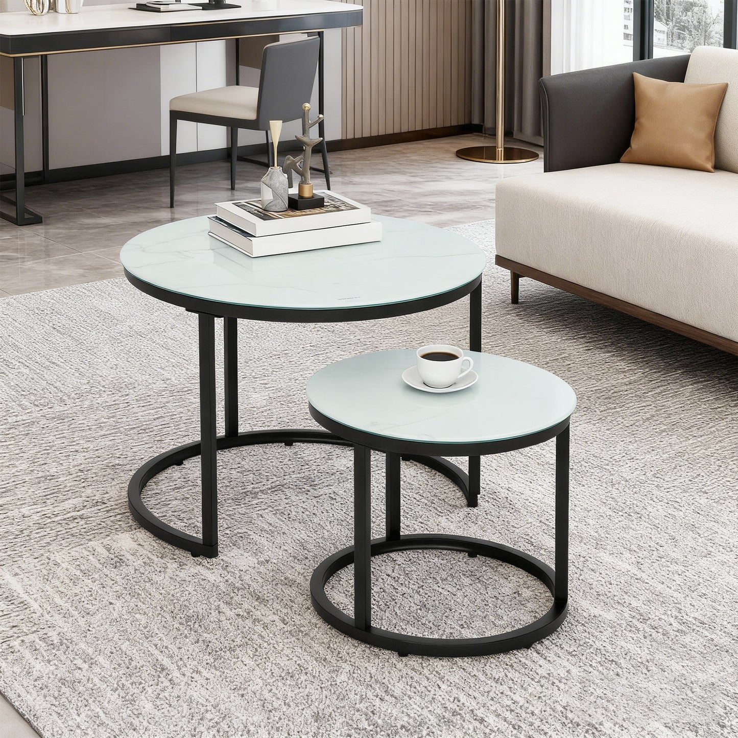 Glass Coffee Table Set of 2, Round Nest of Tables with Marble-Effect Tempered Glass Tabletop and Steel Frame