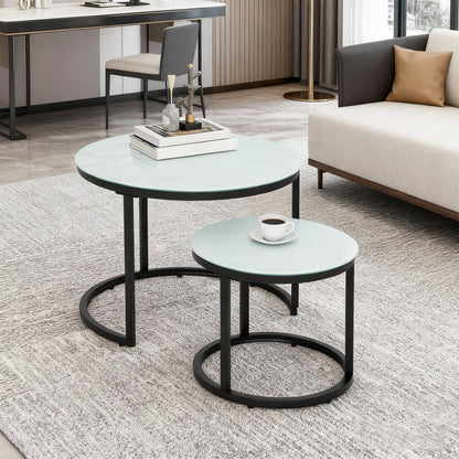 Glass Coffee Table Set of 2, Round Nest of Tables with Marble-Effect Tempered Glass Tabletop and Steel Frame