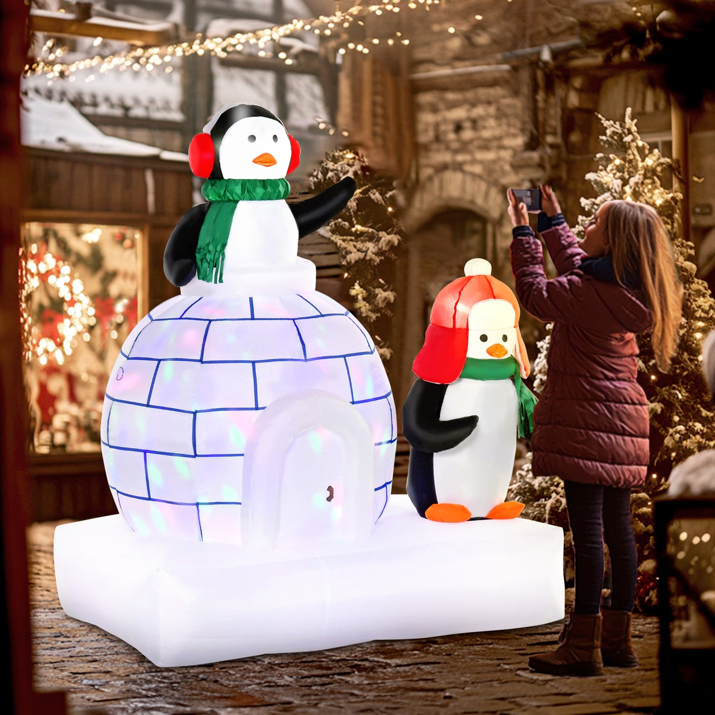5ft Christmas Inflatable Two Penguins Wearing a Scarf with Ice House Blow Up Decor Home Indoors