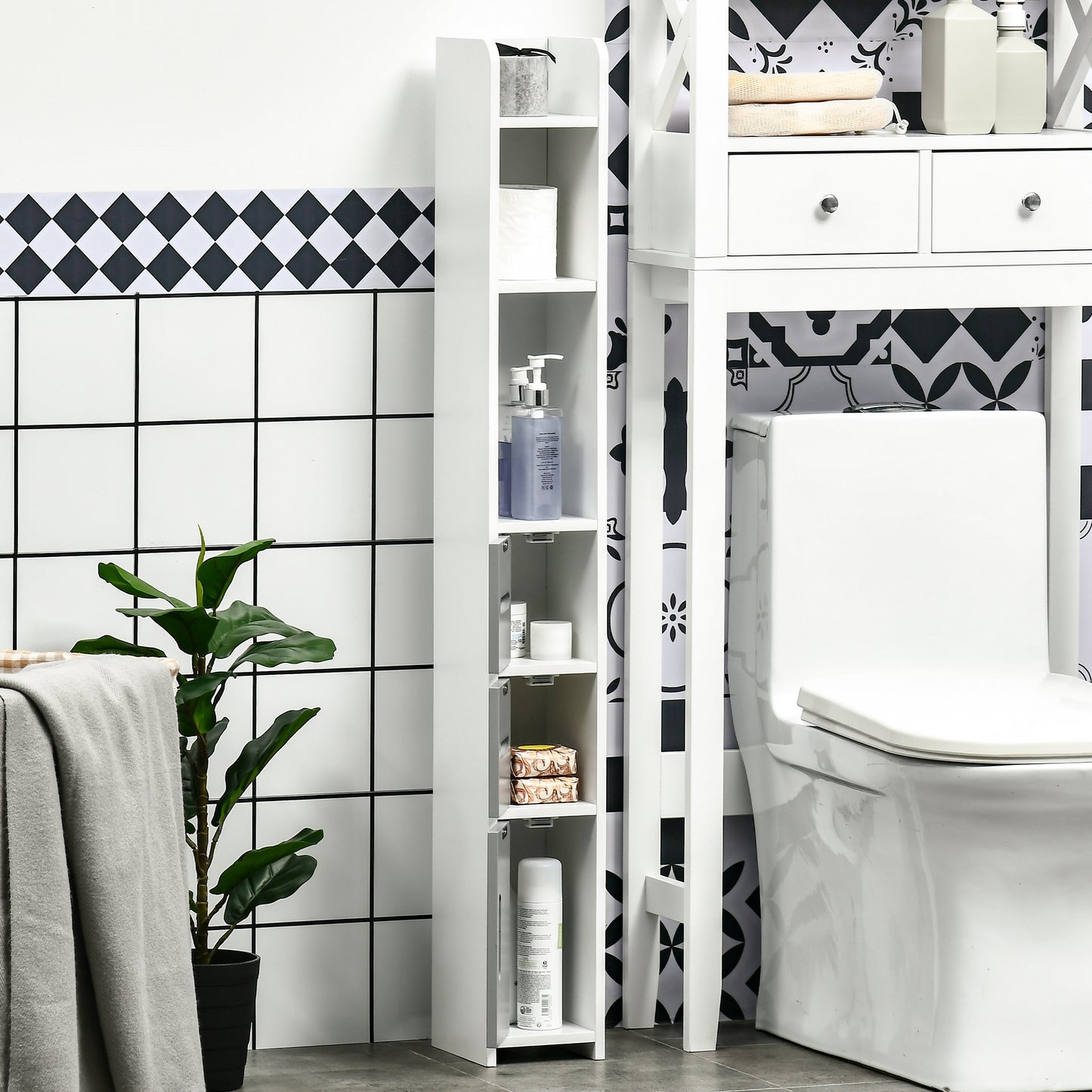 Modern Bathroom Storage Cabinet, Freestanding Tall Bathroom Cabinet with Open Shelves and 3 Cupboards with Door