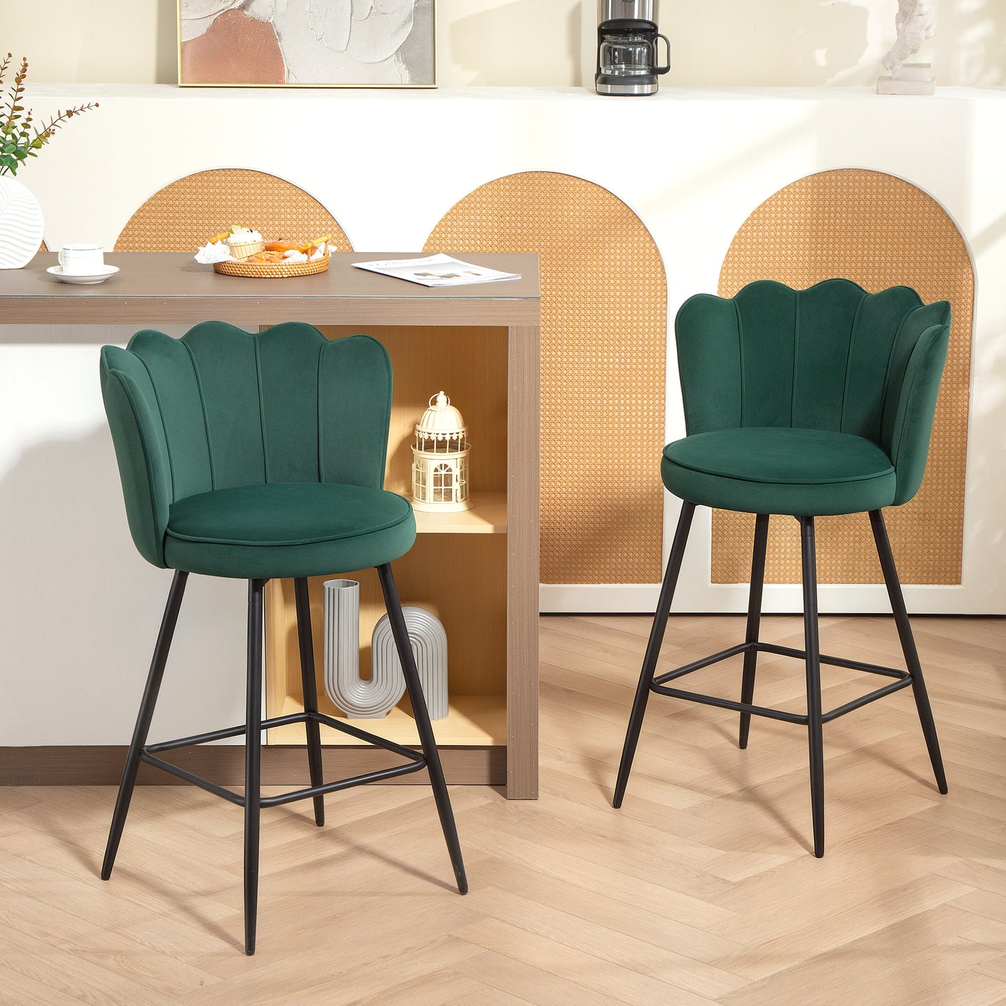 Set of Two Velvet-Feel Lotus Bar Stools - Dark Green