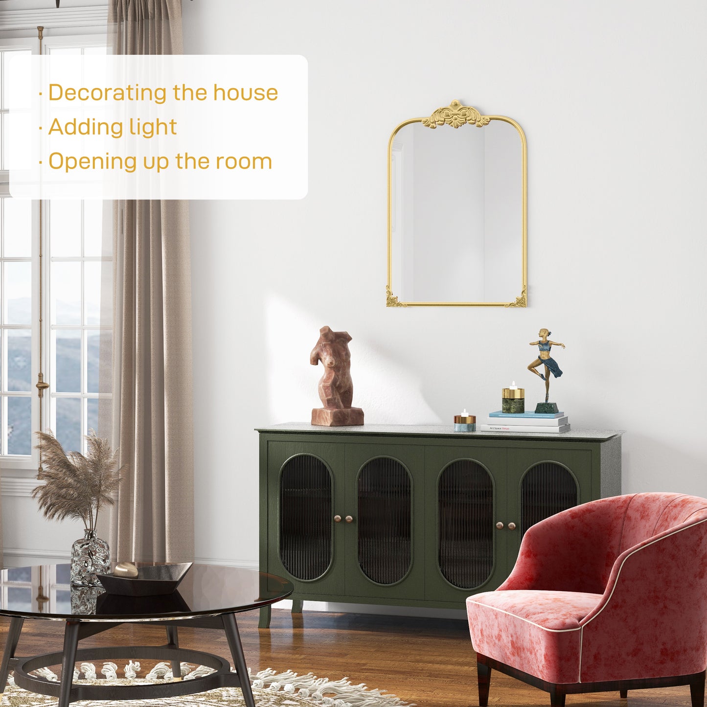 Wall Mirror, Decorative Baroque Mirror with Metal Frame, for Bedroom and Living Room, 60 x 87 cm, Gold Tone
