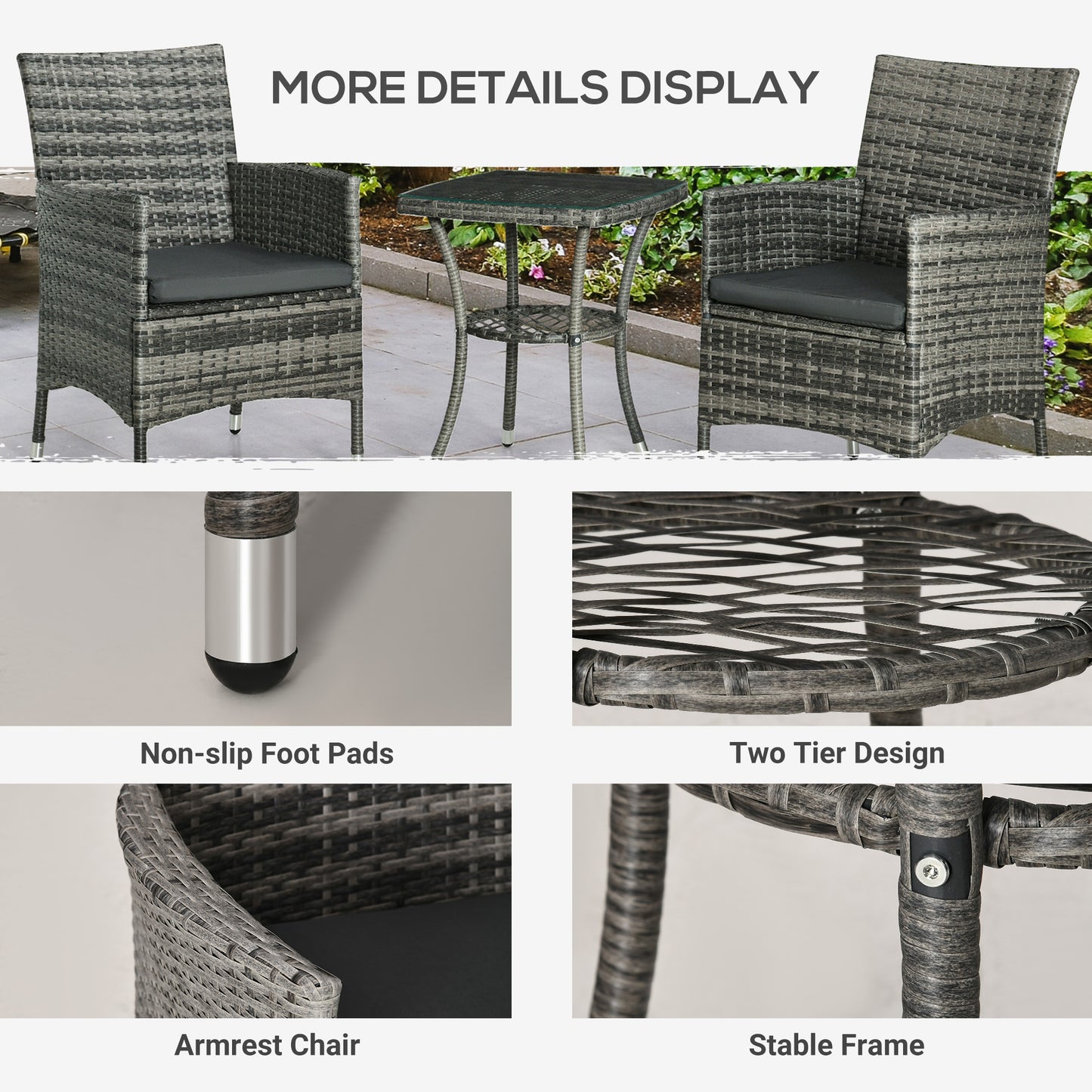 3 Pieces Rattan Bistro Set, Wicker Garden Furniture Set with 2-Tier Coffee Table and Chairs, Washable Cushions