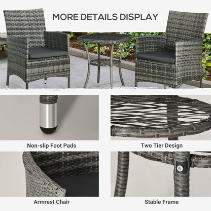 3 Pieces Rattan Bistro Set, Wicker Garden Furniture Set with 2-Tier Coffee Table and Chairs, Washable Cushions