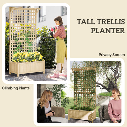 Raised Bed & Privacy Screen with Drainage Holes, Wood Planter with Trellis for Climbing Plants to Grow Vegetables, Flowers