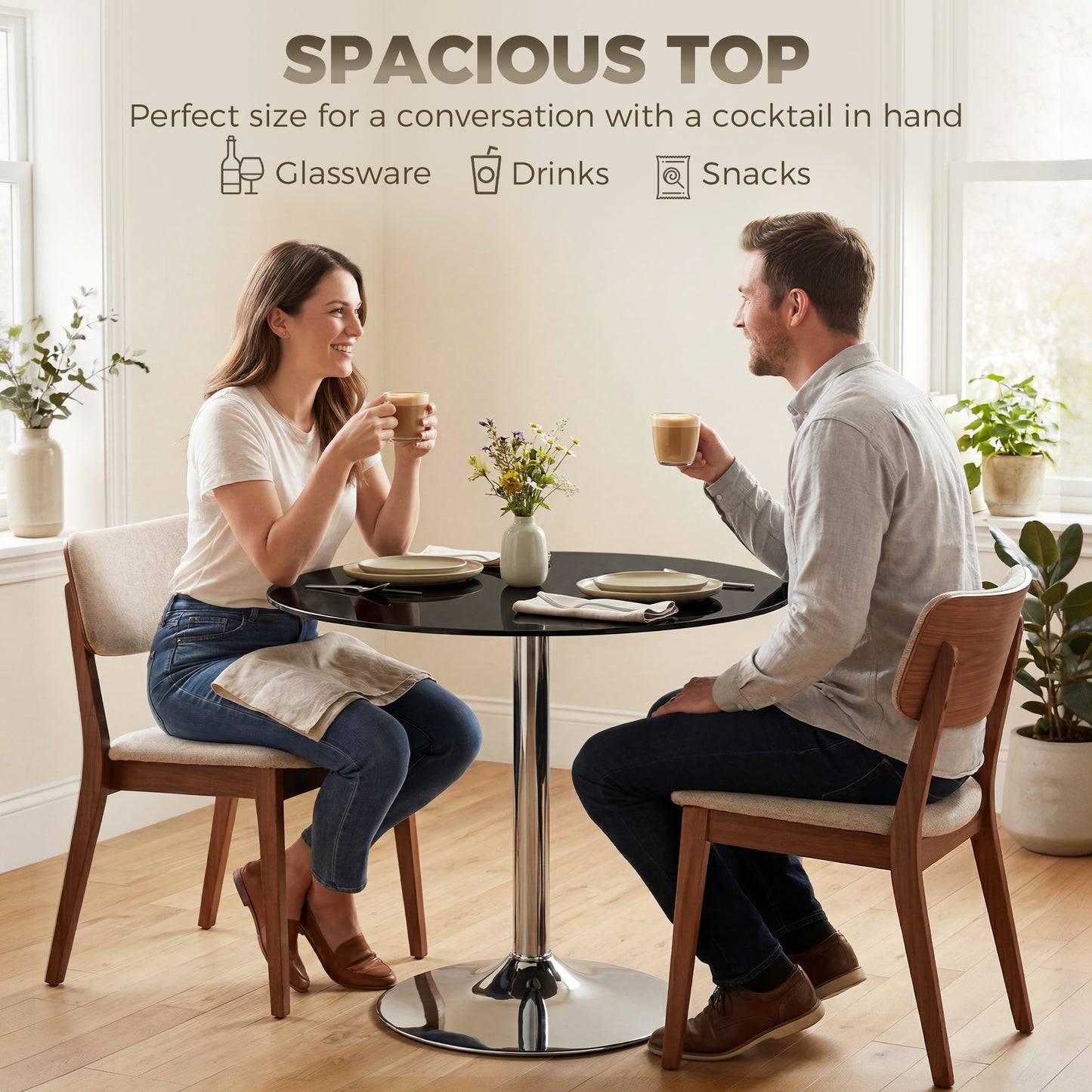Round Bar Table, Modern Dining Table with Tempered Glass Top and Steel Frame for 4, 80 x 80 x 77cm, Black