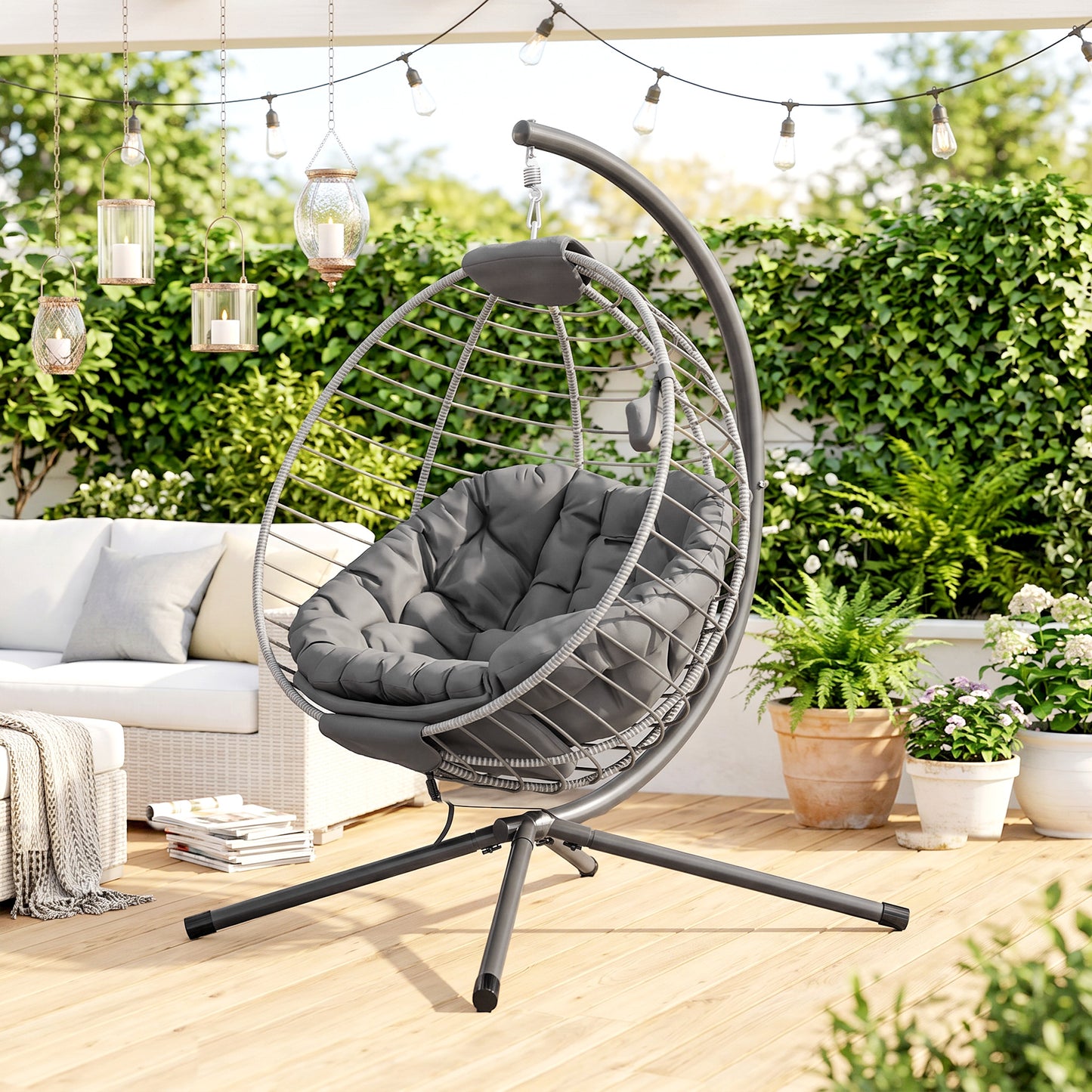 PE Rattan Swing Chair, Outdoor Hanging Chair with Metal Stand, Thick Padded Cushion, Foldable Basket and Cup Holder