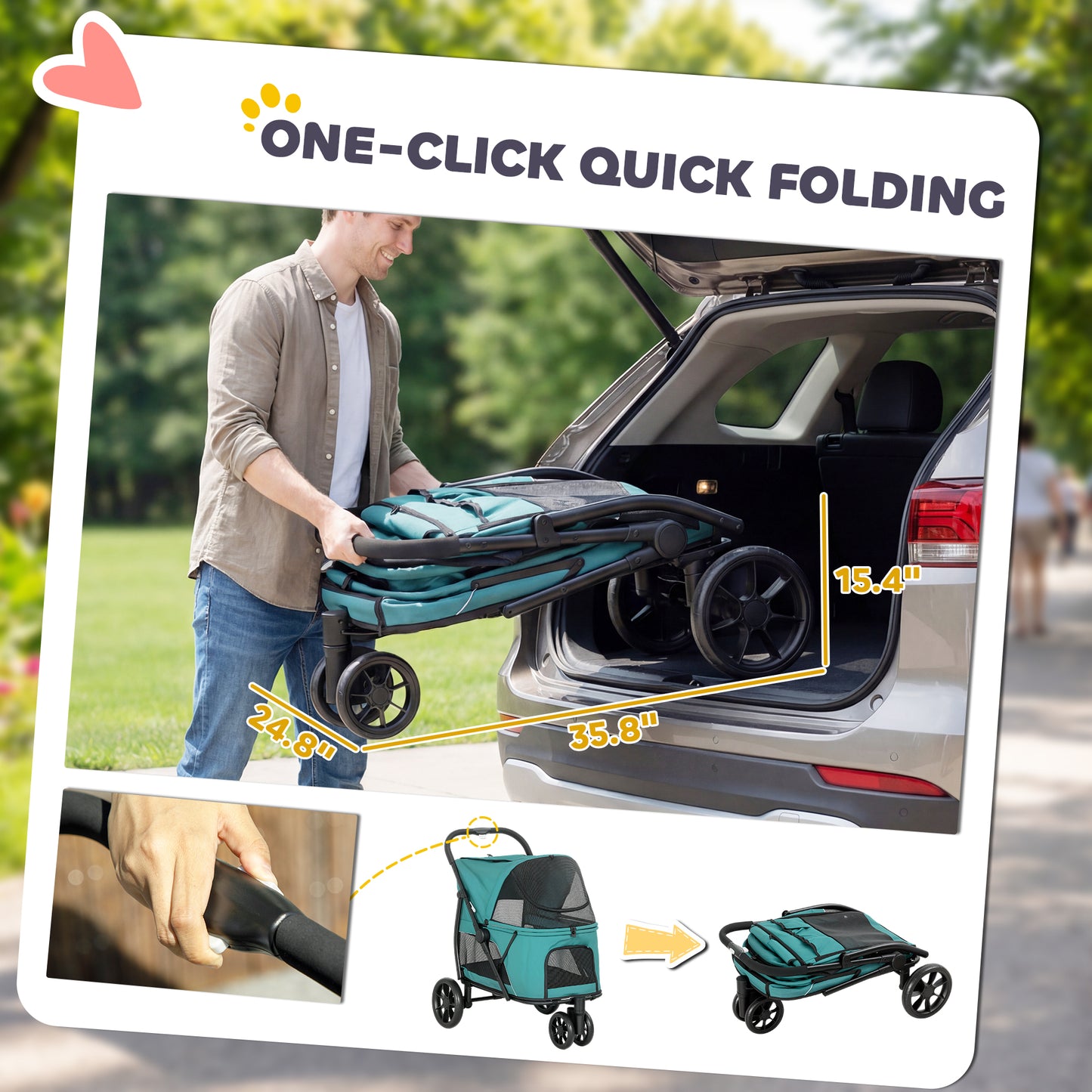 Dog Stroller, 3 Wheels Pet Stroller with Dual Entry, Easy One-Click Quick Fold, Mesh Windows, Washable Cushion