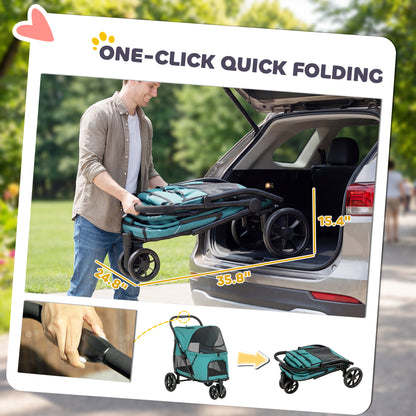 Dog Stroller, 3 Wheels Pet Stroller with Dual Entry, Easy One-Click Quick Fold, Mesh Windows, Washable Cushion