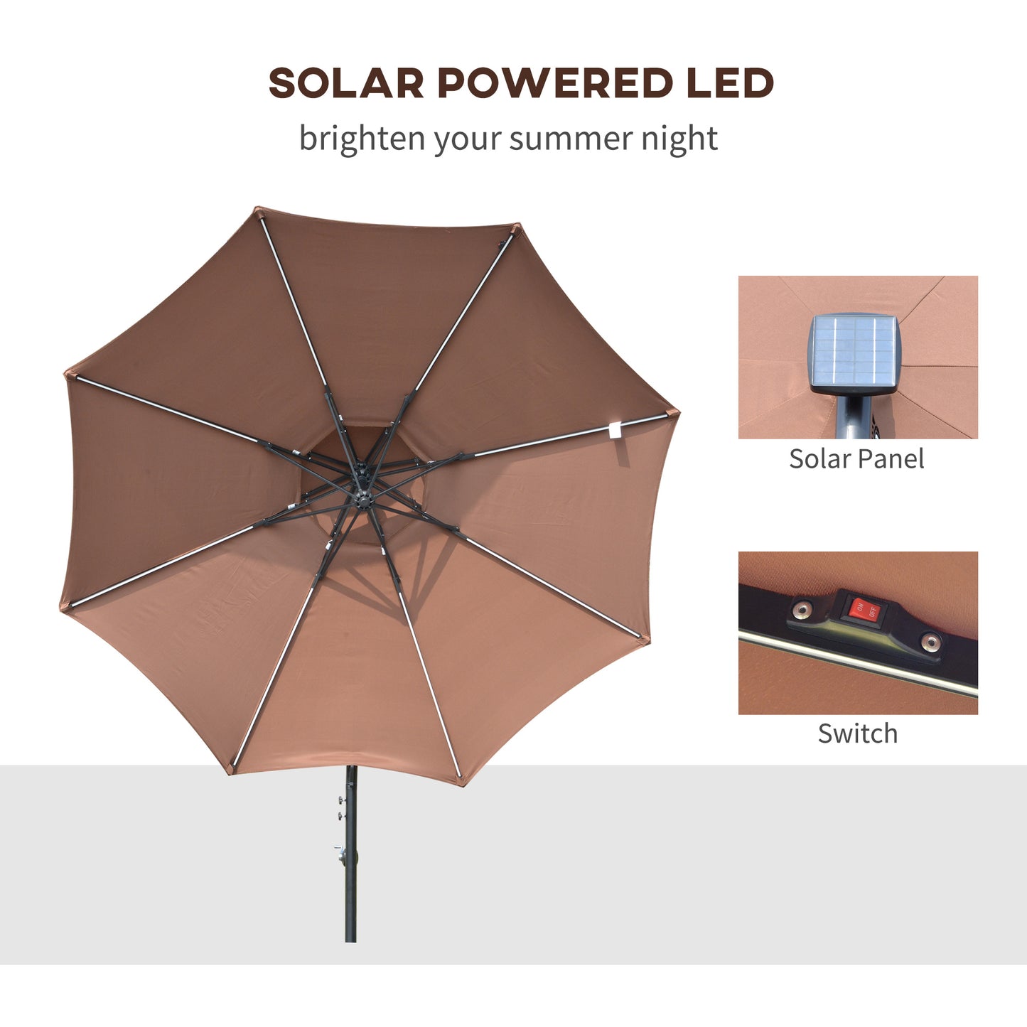 3(m) Cantilever Banana Parasol Hanging Umbrella with Double Roof, LED Solar lights, Crank