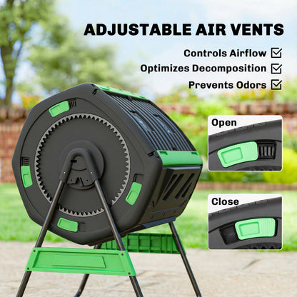 Garden Compost Bin, 200L Dual Chamber Tumbling Composter with Adjustable Vents, BPA Free Compost Tumbler, Green