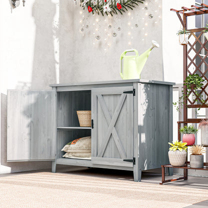 Wooden Garden Shed, Outdoor Fir Wood Storage Shed with Shelf and Double Doors, Light Grey