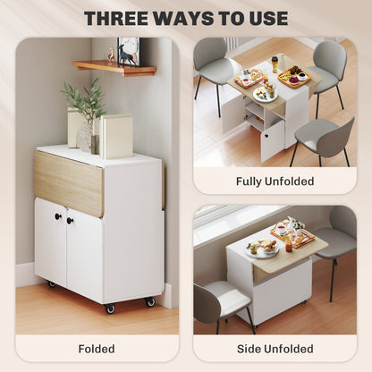 Folding Dining Table, Rolling Drop Leaf Table with Hidden Shelf & Cabinet for Dining Room, Small Spaces, White