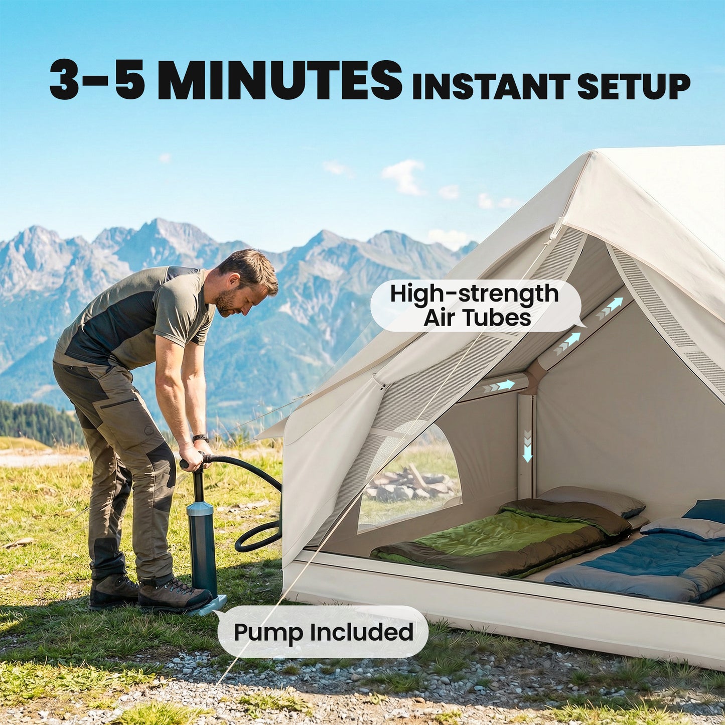 Inflatable Tent Waterproof for Camping Blow Up Tent with Pump Carry Bag for 2-4 Person, Beige