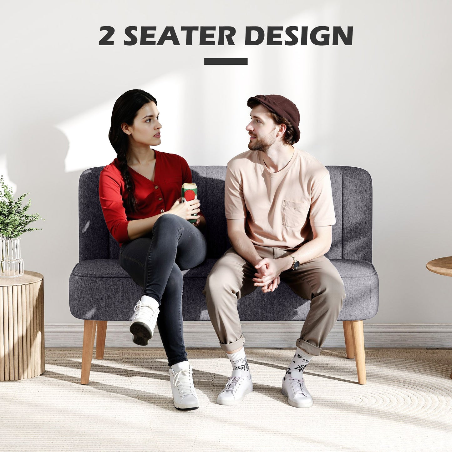 Modern Double Seat Sofa Loveseat Couch 2 Seater Compact Sofa Padded Linen Wood Leg Dark Grey