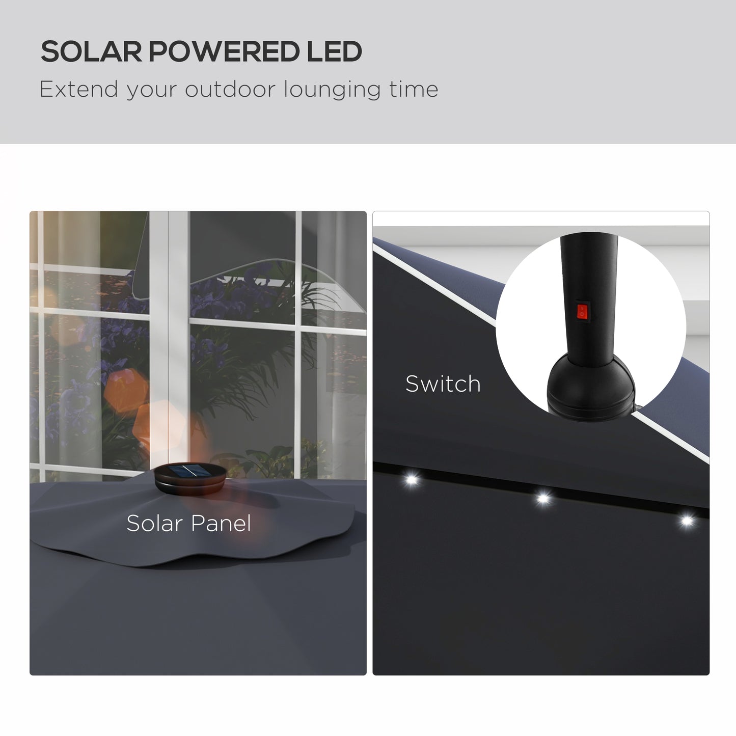 Solar Patio Umbrella with LED and Tilt, Outdoor Market Table Umbrella Parasol with Crank, 3 x 3 (m), Dark Grey