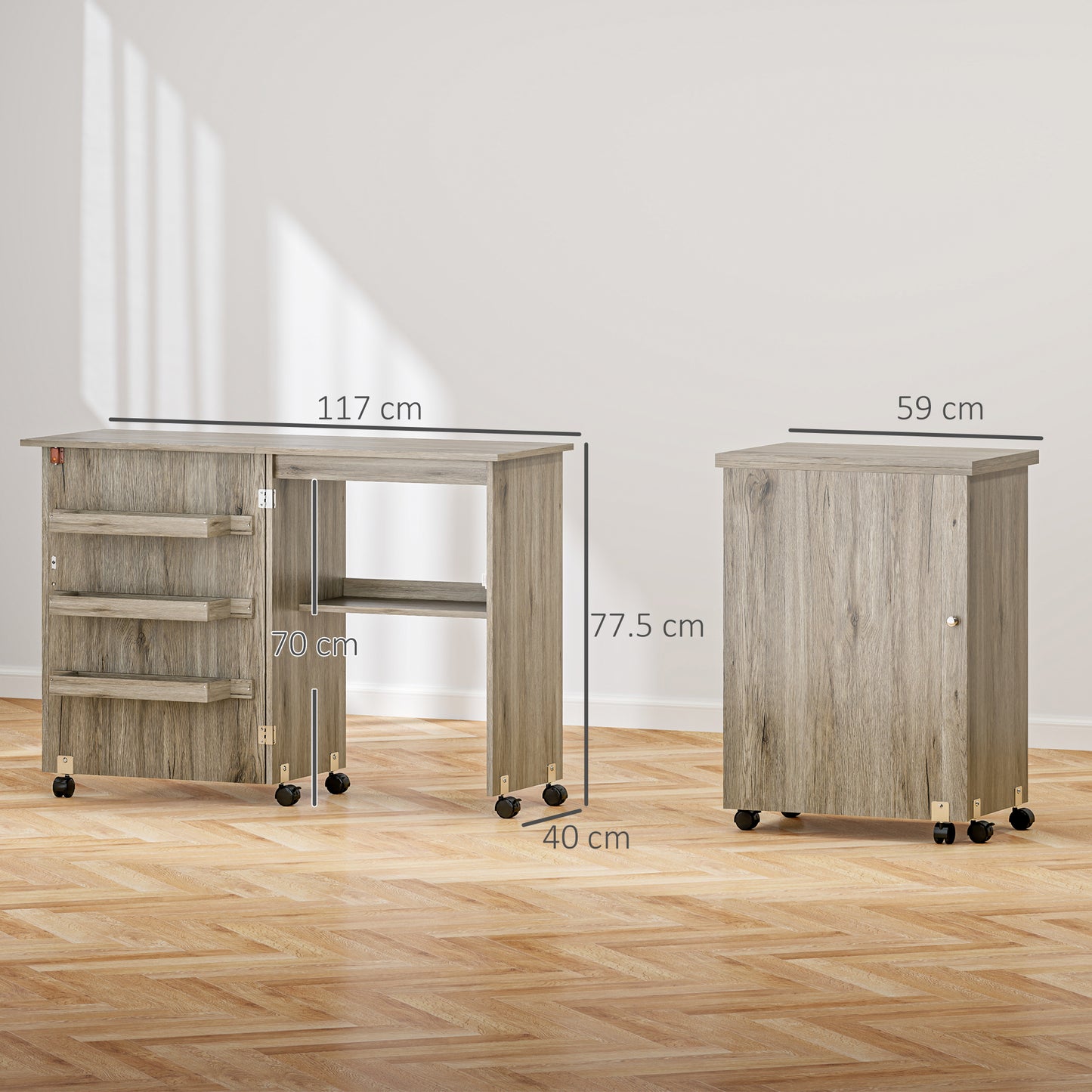Folding Sewing Table, Drop Leaf Craft Table with Storage Bins, Open Shelf and Wheels