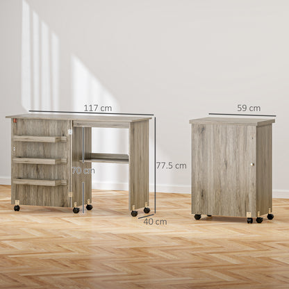Folding Sewing Table, Drop Leaf Craft Table with Storage Bins, Open Shelf and Wheels