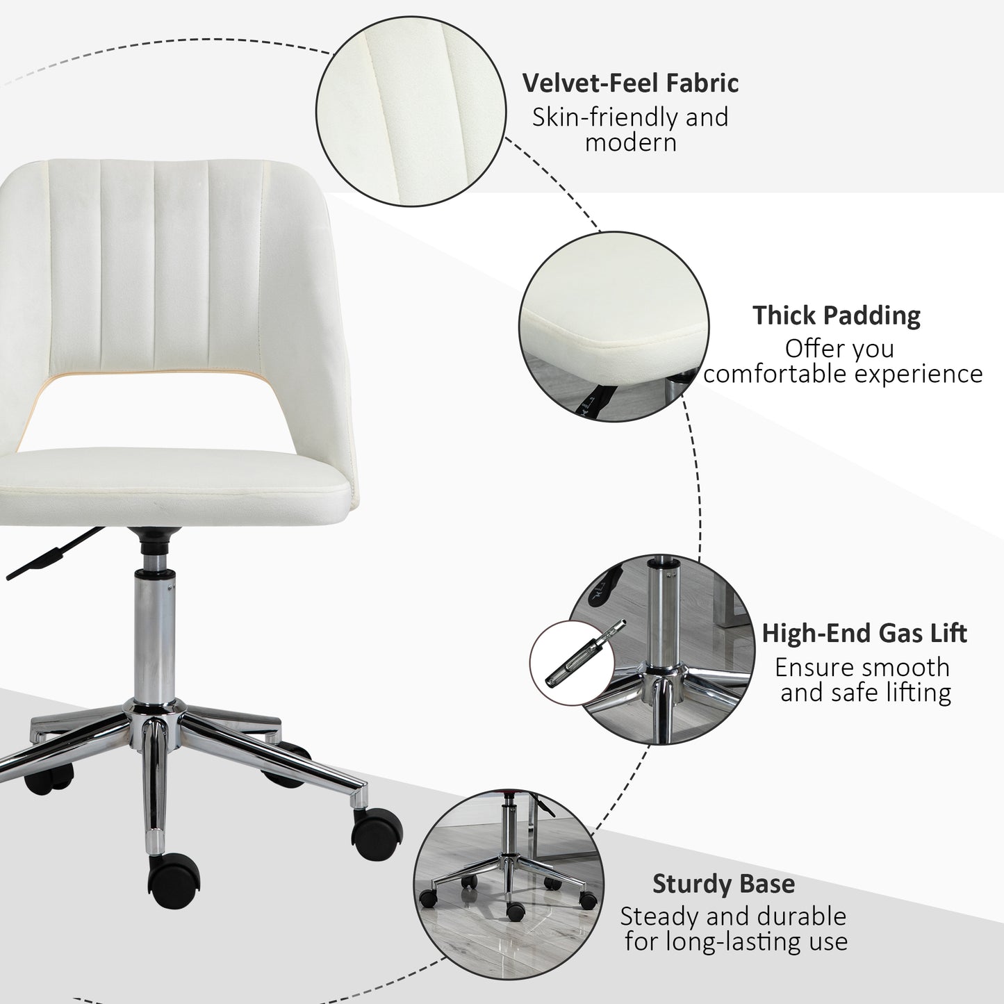 Armless Velvet-Feel Office Chair - Cream White