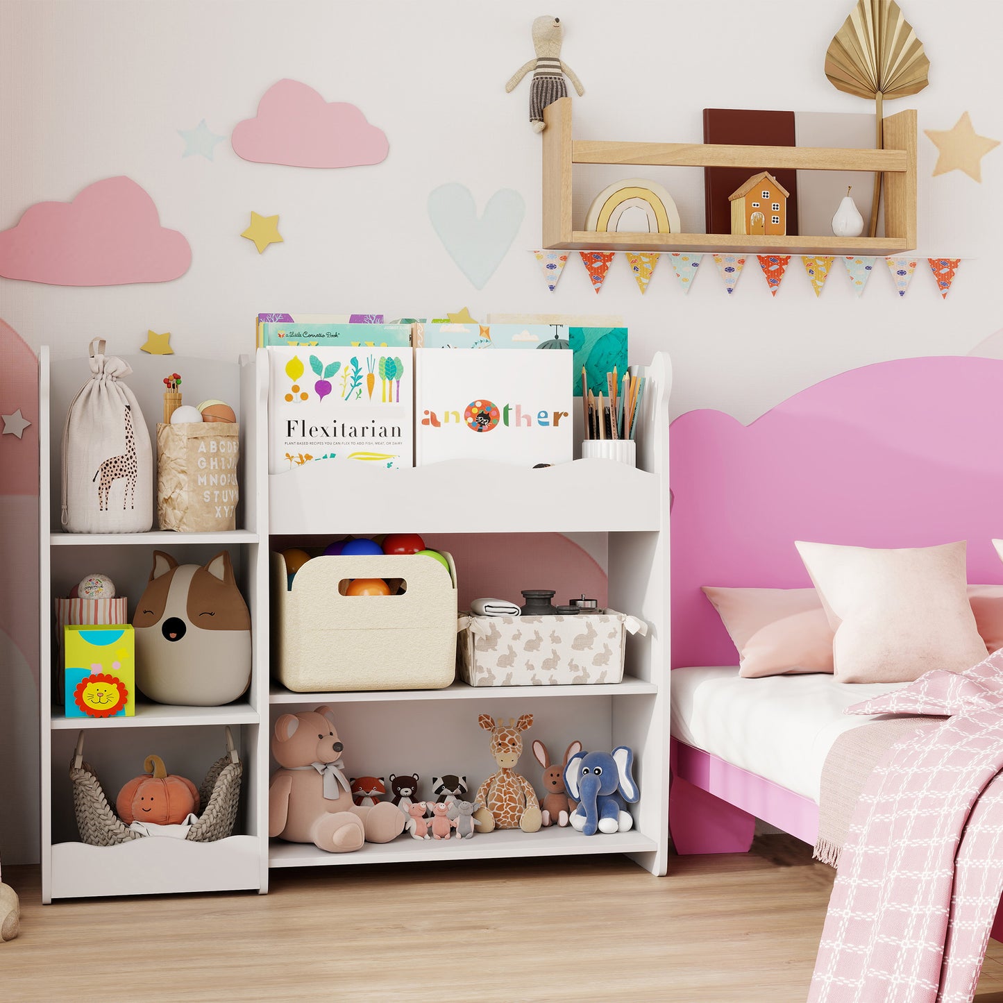 Kids Toy Storage Unit, Bear Design Kids Bookshelf and Toy Organiser, for Bedroom, Nursery, Playroom, White