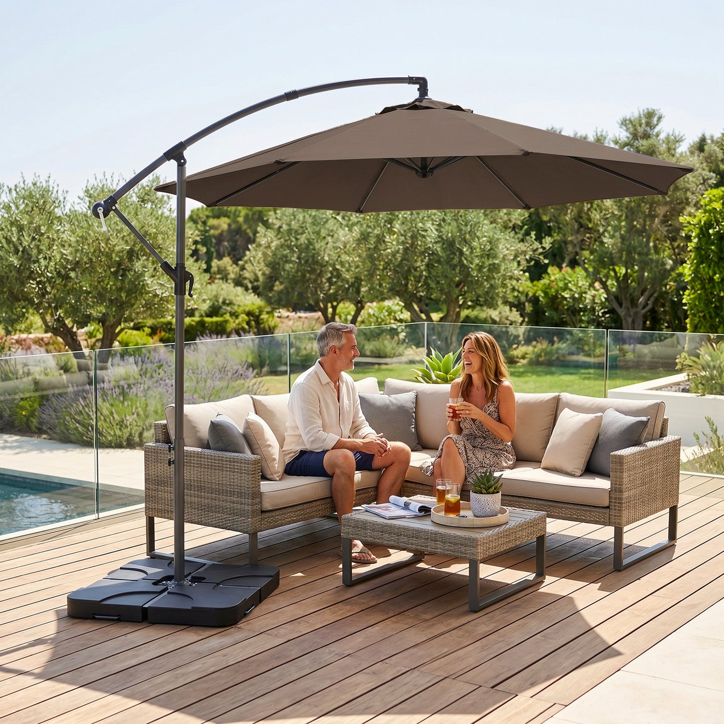 3m Overhanging Parasol, with Base, Weights and Cover - Coffee