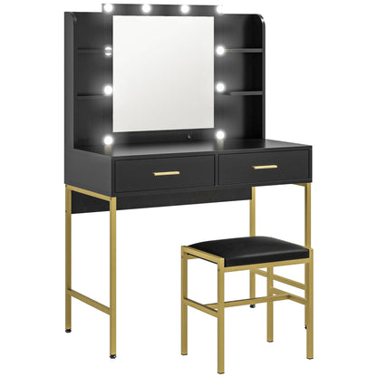 Dressing Table Set, with Storage and Stool - Black