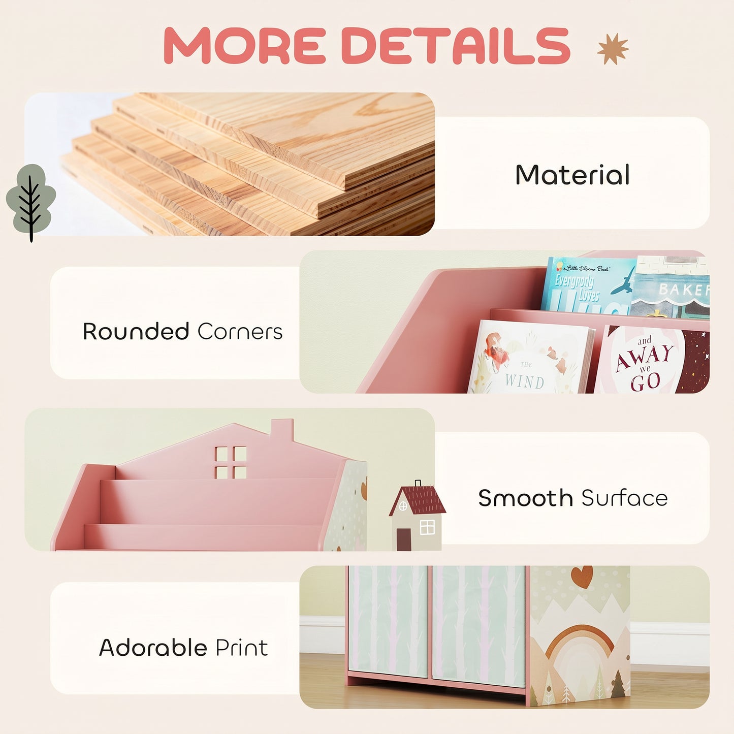 Kids Bookshelf with Storage, Toy Storage Unit with Book Display, Shelves and Fabric Drawers for Playroom Nursery, Pink