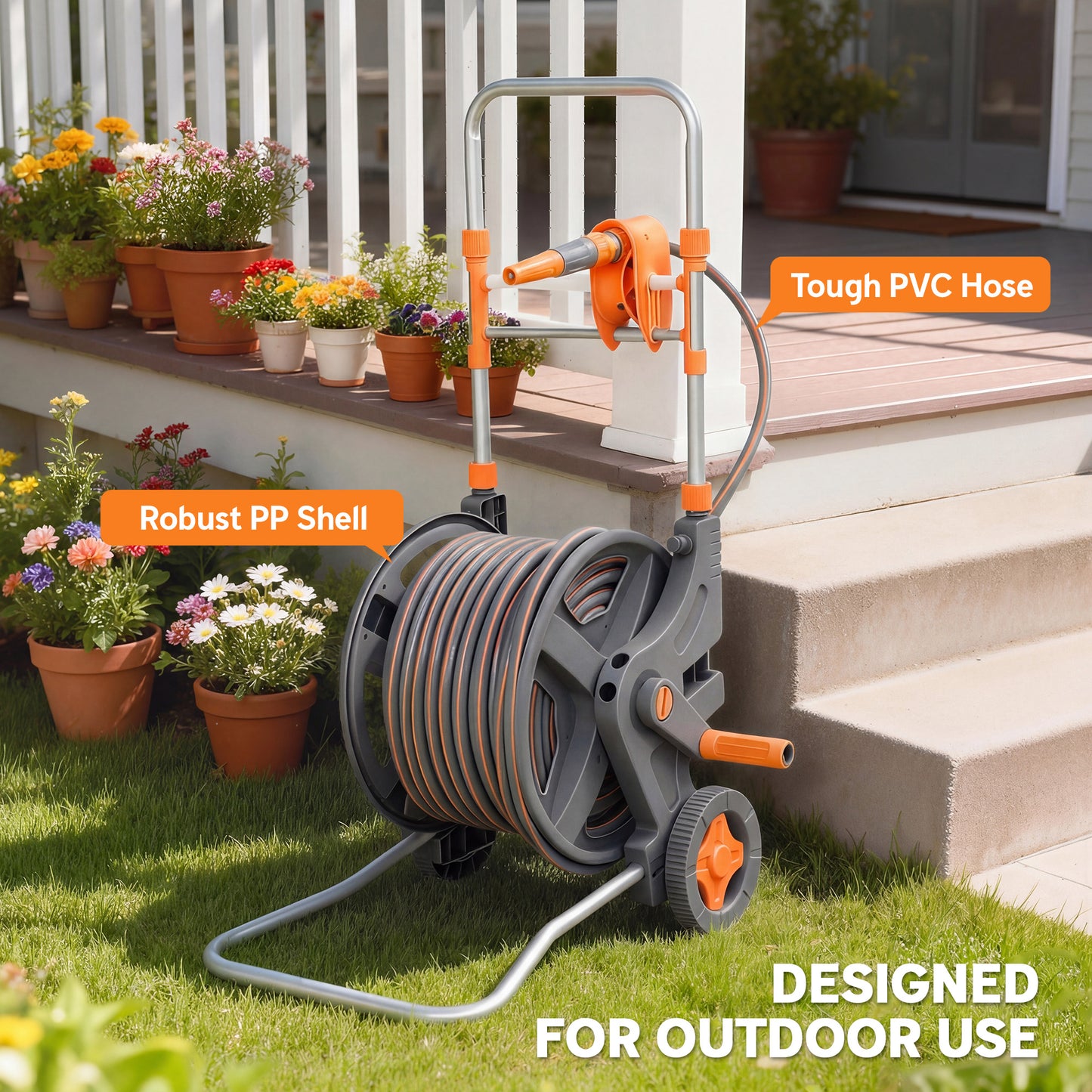 Hose Reel Cart with Wheels, 45+2m Garden Hose Reel with 2 Patterns Nozzle, Faucet Adaptors and Rewind Handle, Orange