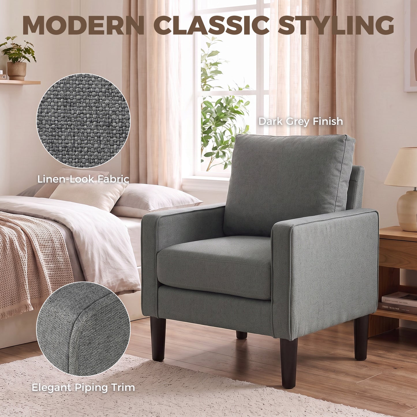 Accent Chair, Removable Pillow Linen Armchair with Comfy Spring Cushion for Living Room, Bedroom, Study, Dark Grey