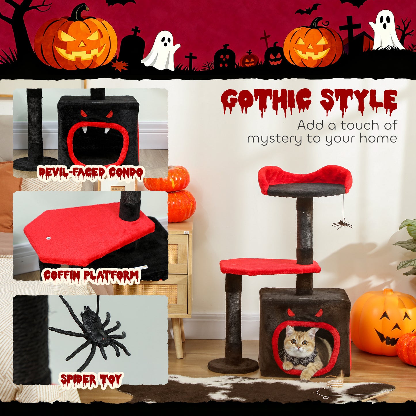 Cat Tree, Gothic Cat Tower with Scratching Posts, Cute Condo, Coffin Platform, Bed and Spider Toy, Halloween