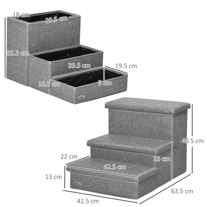 3 Steps Pet Stairs, with Storage Boxes, for Bed, Couches - Grey