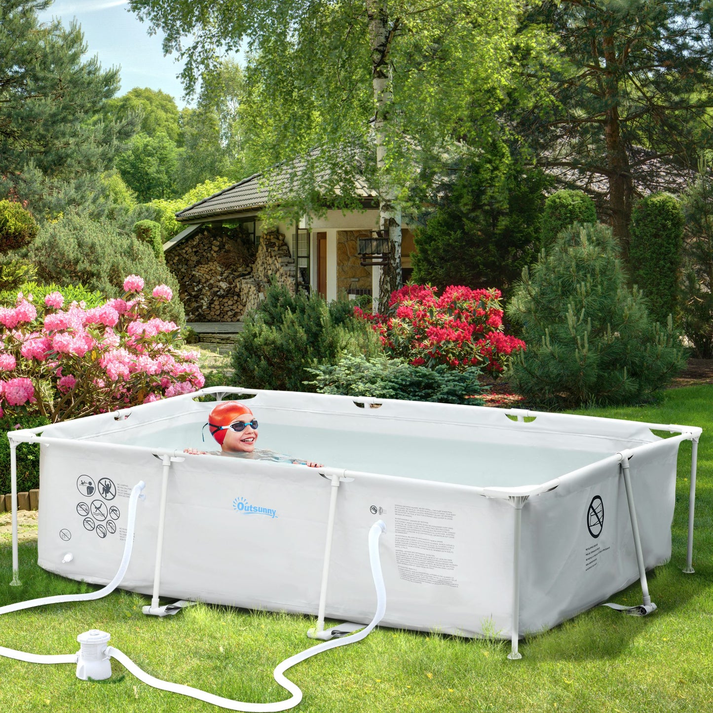 Steel Frame Pool with Filter Pump, Filter Cartridge, Rust Resistant Above Ground Swimming Pool, Grey