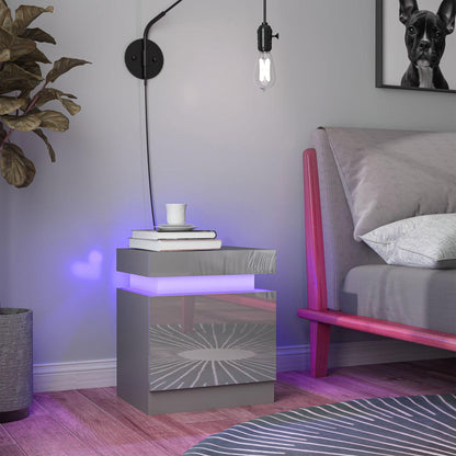 Grey Bedside Table with LED Light, High Gloss Front Nightstand with 2 Drawers, for Living Room, Bedroom