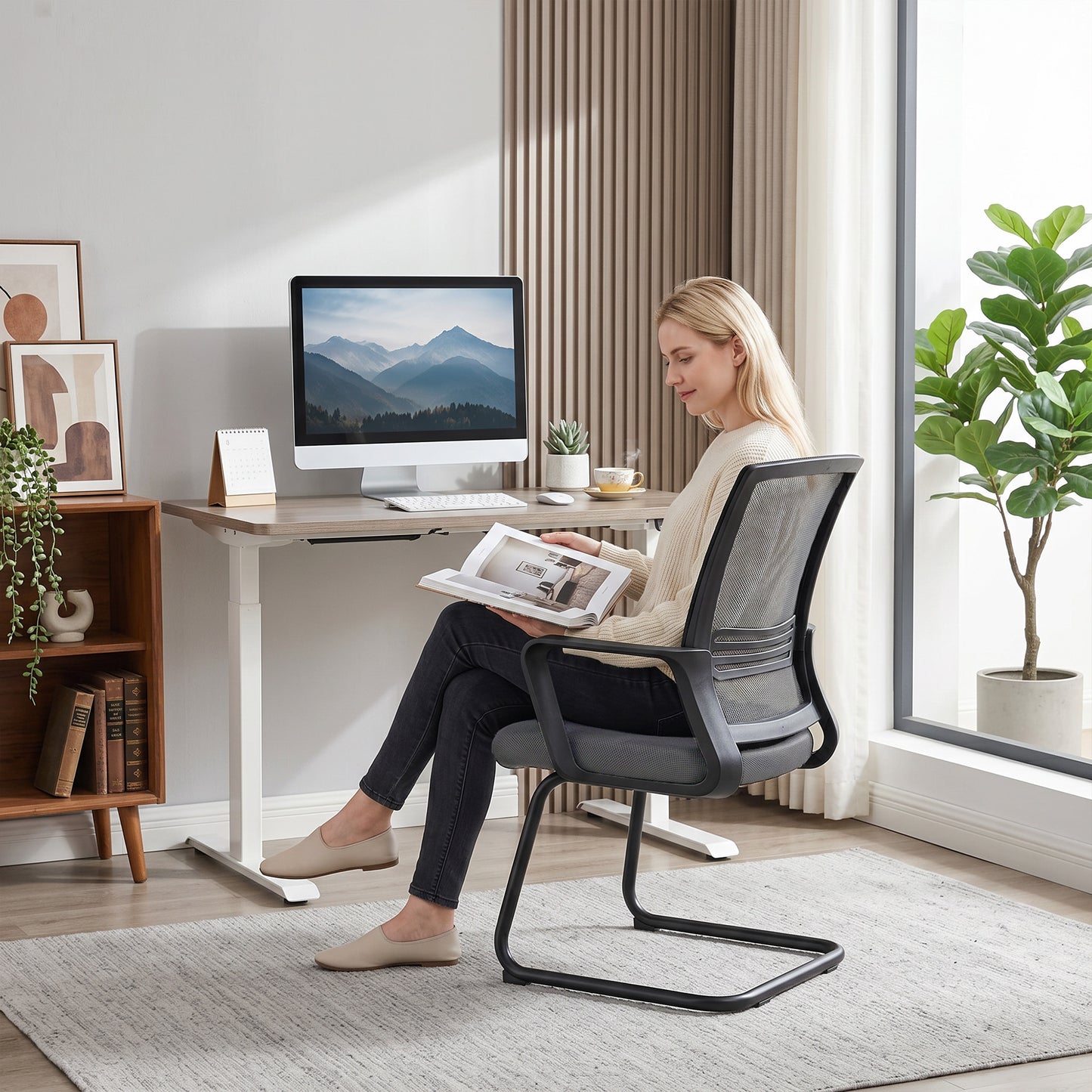 Padded Meeting Office Chair, Ergonomic Desk Chair No Wheels with Sled Base for Bedroom, Waiting, Reception, Dark Grey