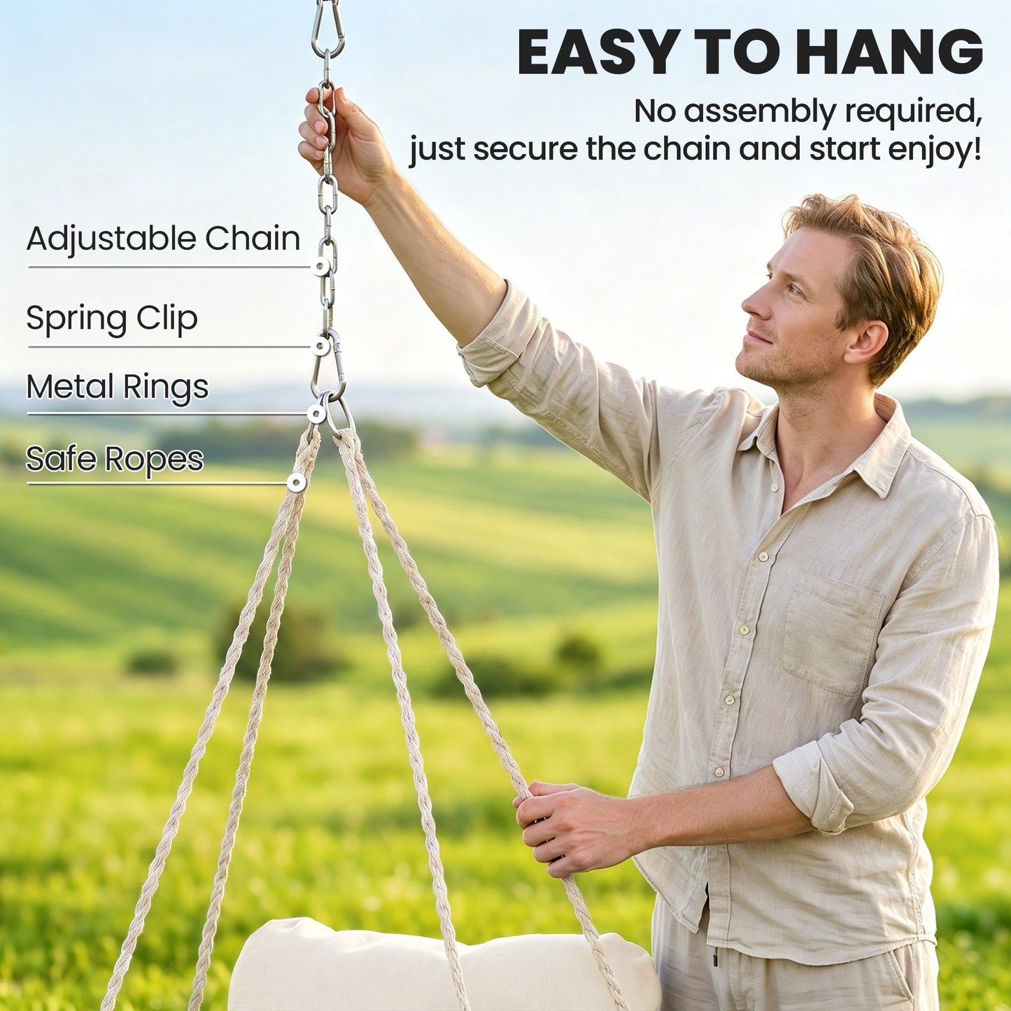 Hanging Chair Outdoor Hammock Chair with Soft Cushion, Cotton Rope Boho Style Swing Chair