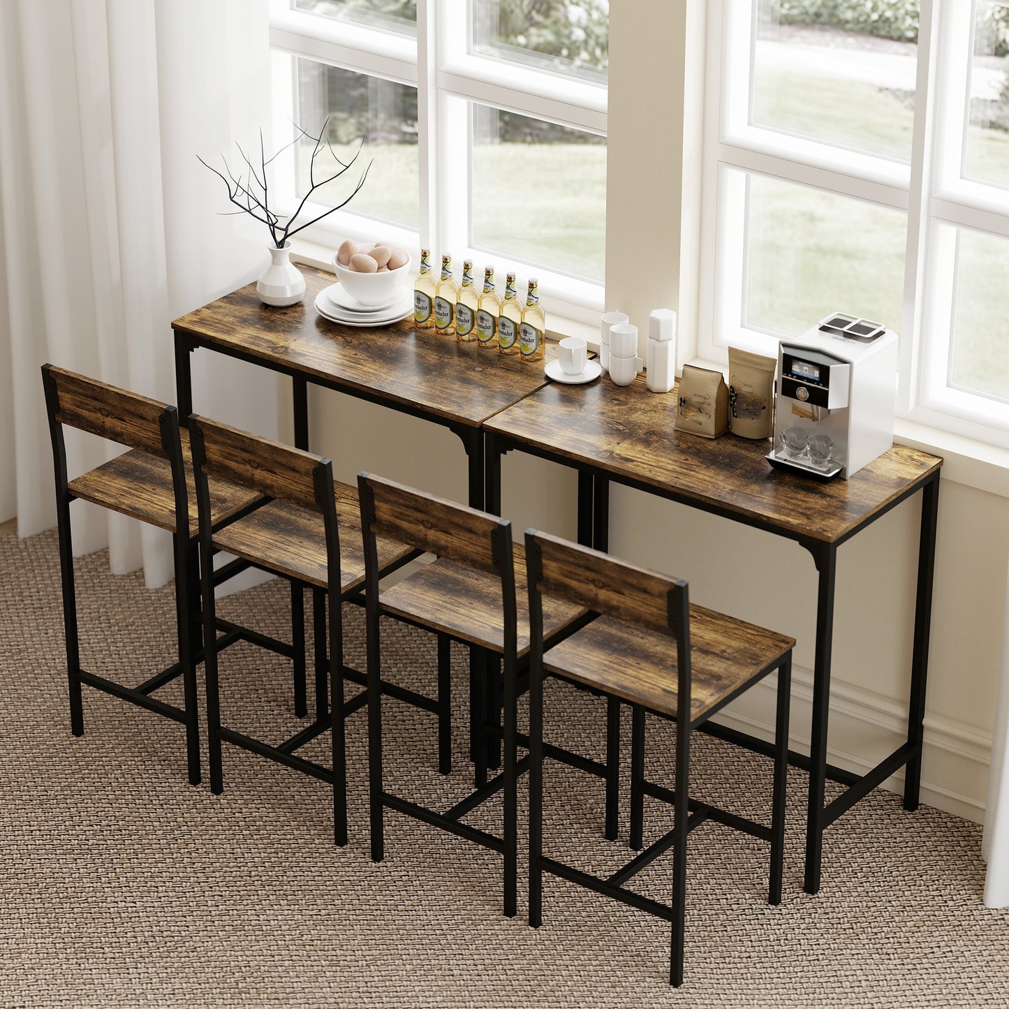 3-Piece Bar Table Set with 2 Stools, Industrial Breakfast Bar Set with Footrest, Backrest for Dining Room, Small Space