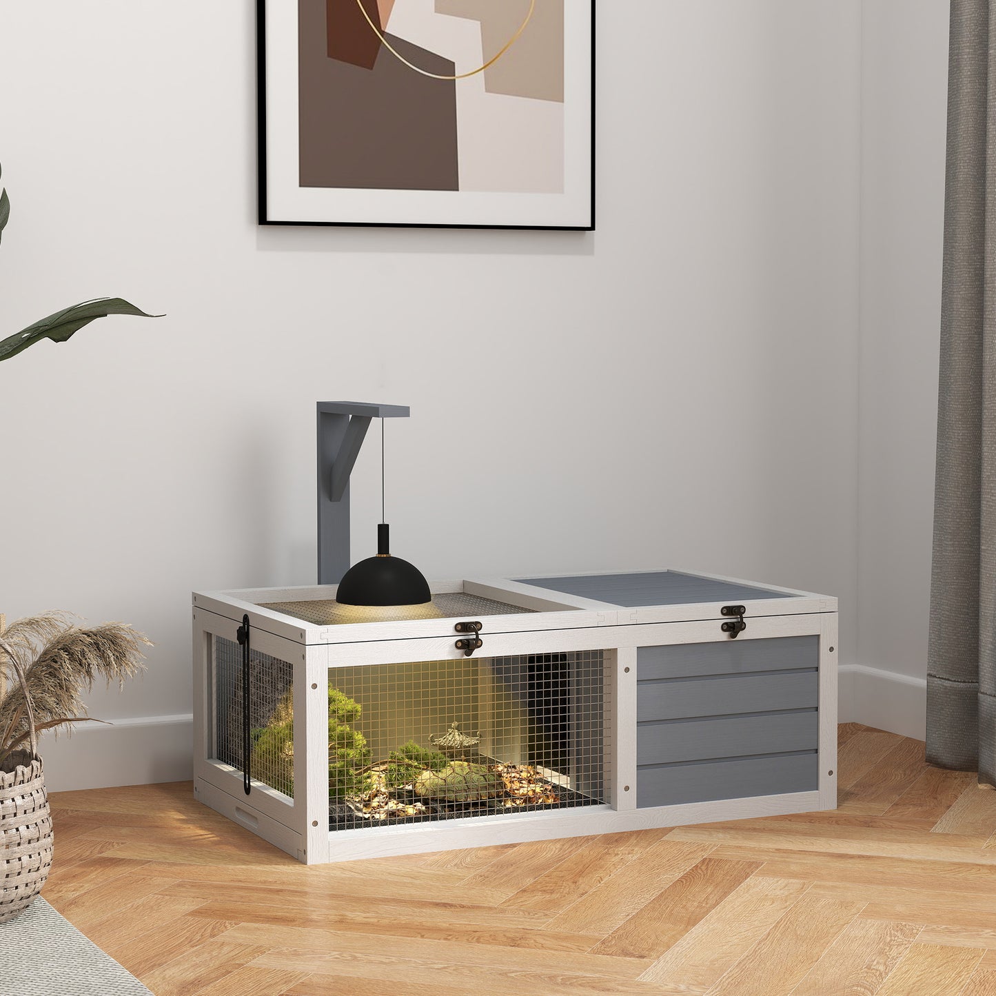 Wooden Tortoise Enclosure, Tortoise House w/ Lamp Holder, for Outdoor, Indoor, Light Grey