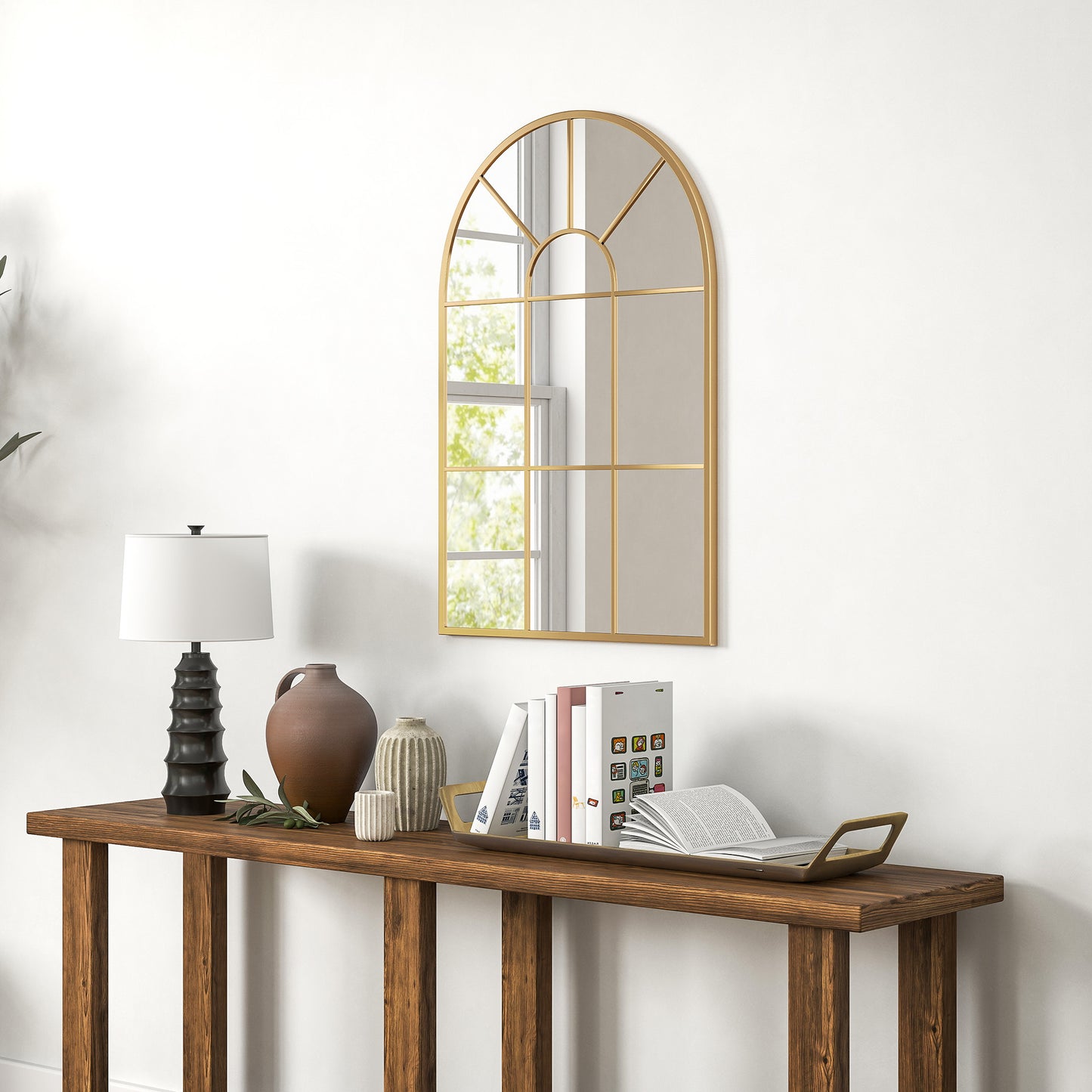 90 X 61cm Arched Grid Mirror - Gold Tone