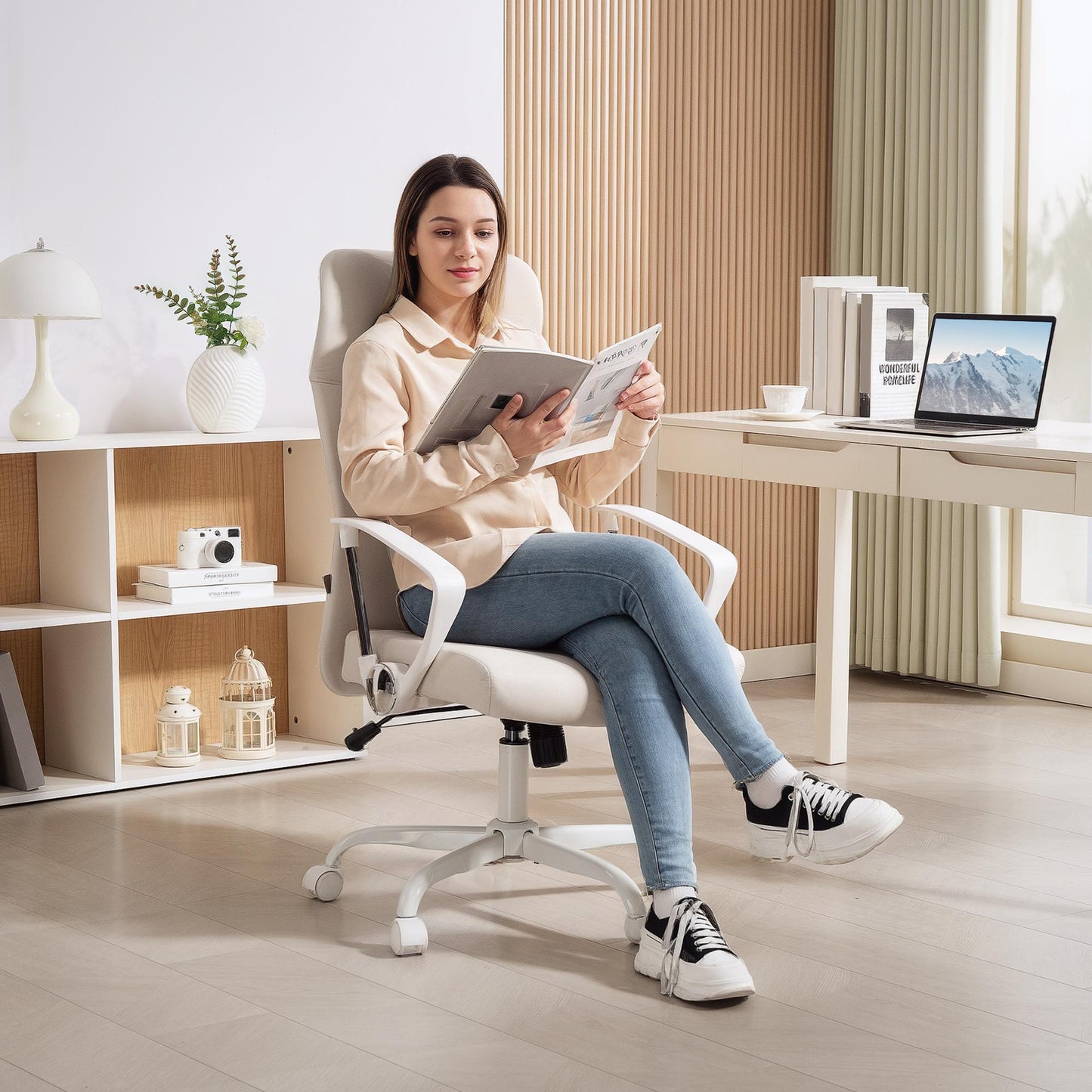 Fabric High Back Office Chair - Cream White