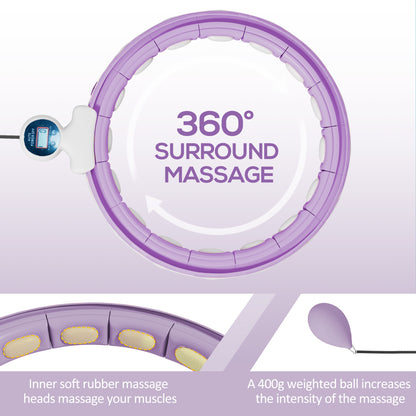 Smart Weighted Hula Hoop, Massage Hula Ring w/ 16 Detachable Knots, 360° Auto-Rotating Ball, Digital Counter, Purple