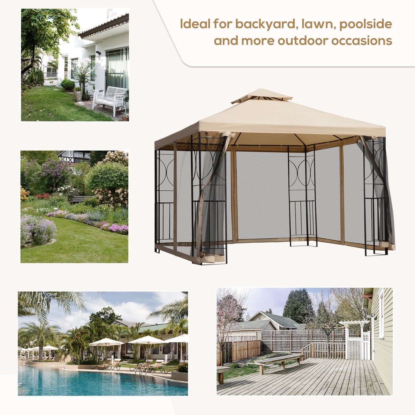 3(m) x 3(m) Garden Gazebo, Double Roof Outdoor Gazebo Canopy Shelter with Netting, Solid Steel Frame for Garden, Lawn