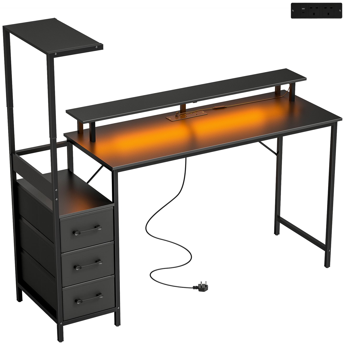 147cm Gaming Desk with Charging Station and Monitor Stand, Computer Table for Home Office with RGB Lights, Black