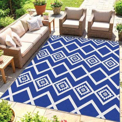 Plastic Straw Reversible RV Outdoor Rug with Carry Bag, 182 x 274cm, Blue and White