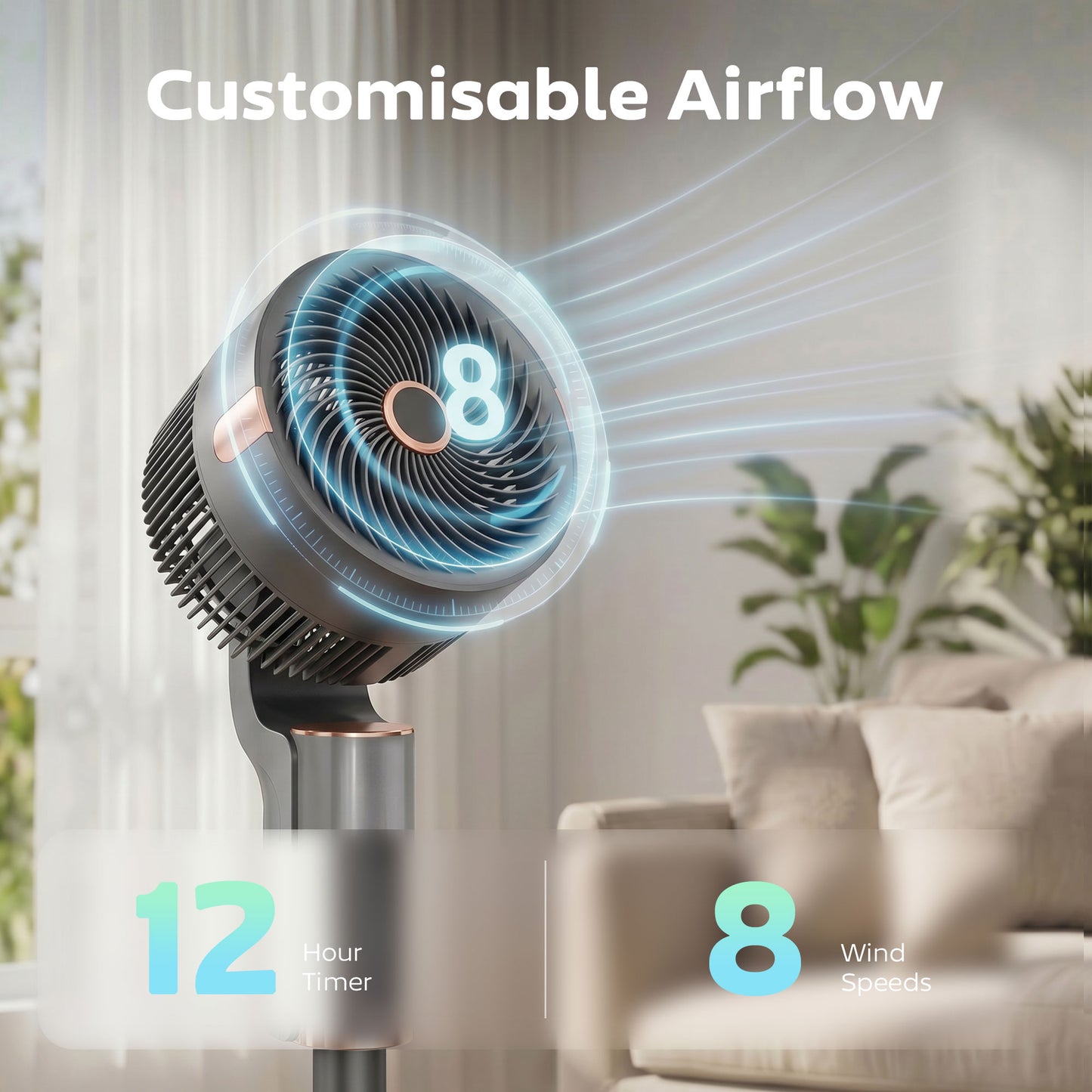 20 dB Silent Standing Fan for Bedroom, 44" Pedestal Fan with 90° Oscillating, 8 Speeds and LED Light, Grey