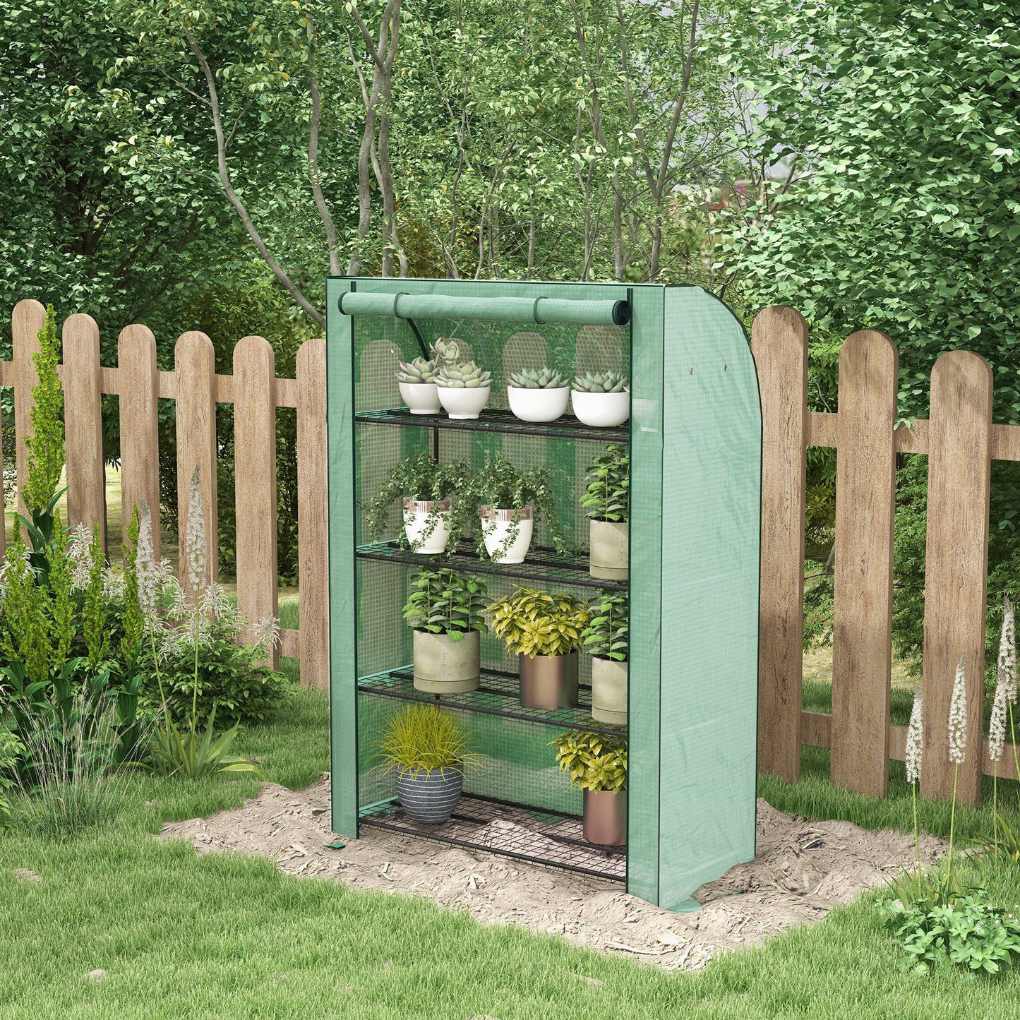 4 Tier Mini Greenhouse with Reinforced PE Cover, Portable Indoor Outdoor Green House with Roll-up Door and Wire Shelves
