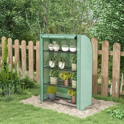 4 Tier Mini Greenhouse with Reinforced PE Cover, Portable Indoor Outdoor Green House with Roll-up Door and Wire Shelves