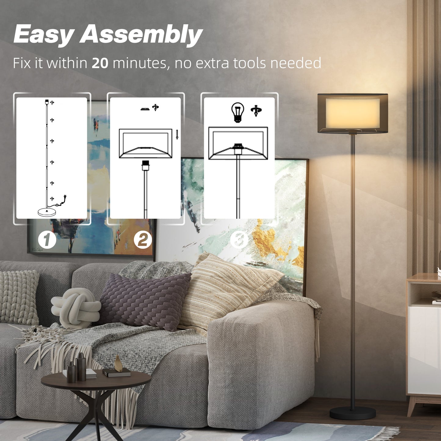 Floor Lamp for Living Room, Modern Standing Lamp with Double Layer Shade & Foot Switch
