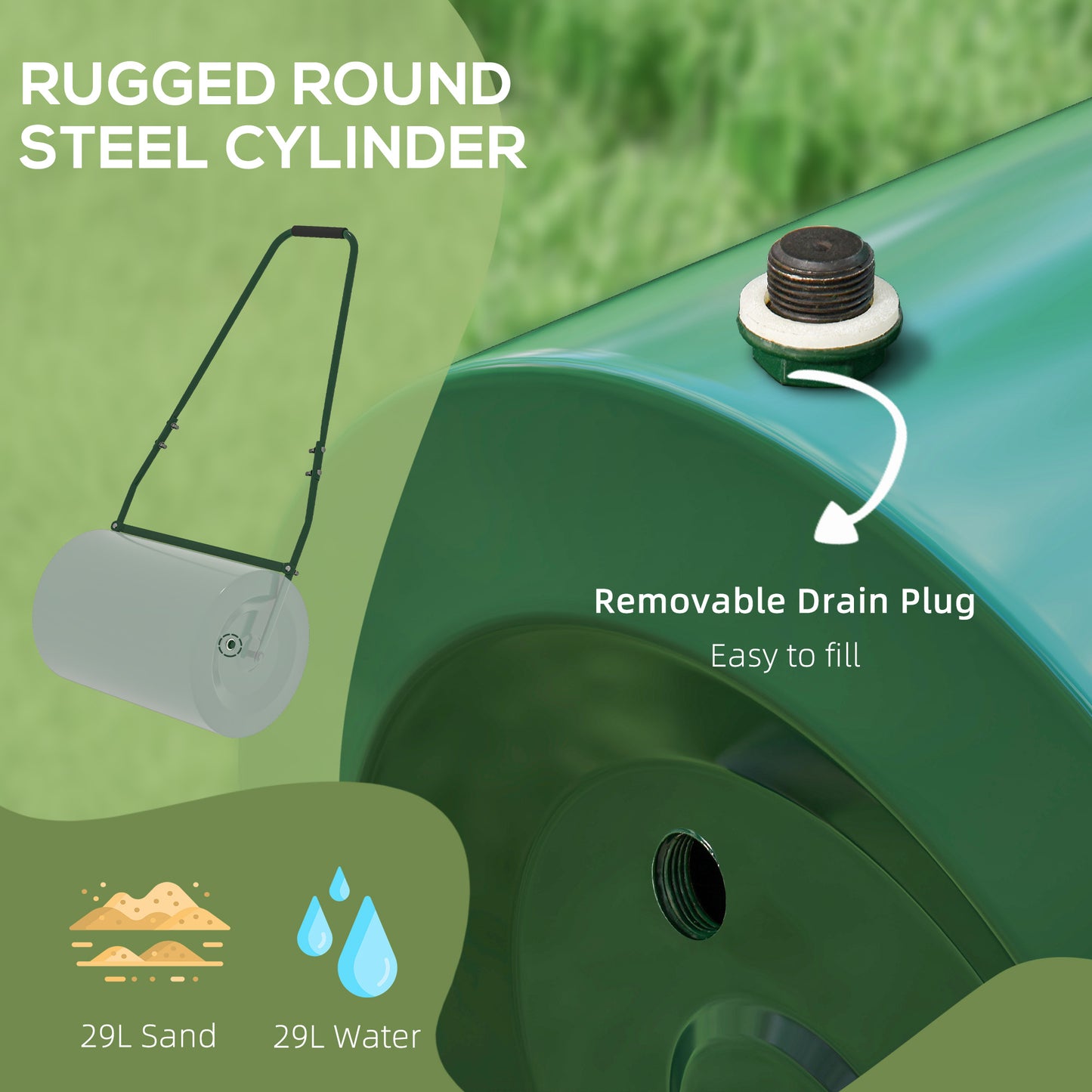 63 L Garden Lawn Roller with Water/Sand Filled Drum, Heavy Duty Steel Lawn Push Rolling Tool for Grass Seeding