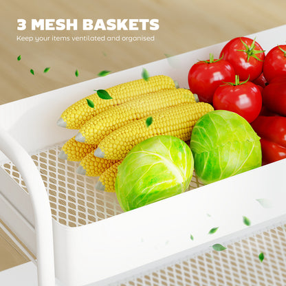 3-Tier Storage Trolley on Wheels, Rolling Utility Cart with Mesh Backets for Kitchen, Bathroom, Bedroom, White