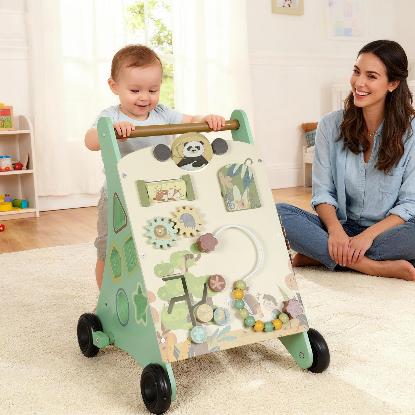 Wooden Baby Walker, Push Along Walker Toys with Speed Control, Xylophone, gears and Bead Maze, Green